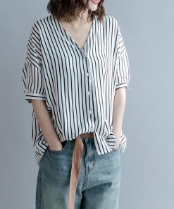 ブラウス レディース 40代 春夏 新作 韓国風 Vネック ブラウス 白 ストライプ柄 シャツ 半袖 トップス ブラウス 大人 50代 通勤 ゆったり 30代 おしゃれ