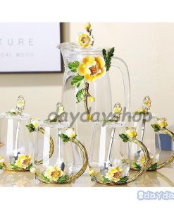 ティーカップセット ティーカップ 蓋 スプーン 蓋つき 花柄 装飾 グラス 透明 クリア ガラス イエロー レッド プレゼント お祝い