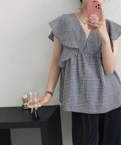 ブラウス レディース 夏 シフォン チェック柄 Vネック シャツ フレア トップス 通勤 OL ゆったり おしゃれ 30代 40代 50代 キレイ 可愛い 新作 大人 上品 韓国風