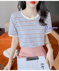 Tシャツ レディース トップス 40代 半袖 綿 ボーダー柄 春夏 カットソー 新作 大きいサイズ UVカット 韓国風 20代 40代 おしゃれ かわいい 30代