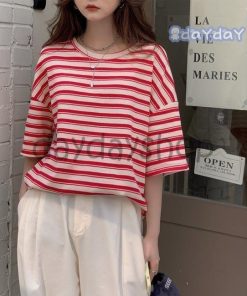 クルーネック レトロ ゆったり トップス サマーTシャツ Tシャツ レディース 夏 ボーダー柄 丸首 5分丈袖Tシャツ 半袖Tシャツ カットソー