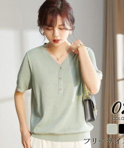 Tシャツ レディース 夏 Vネック 40代 半袖 ニットトップス 無地 ショット丈ニットソー ゆったり カットソー 30代 50代 大人 おしゃれ