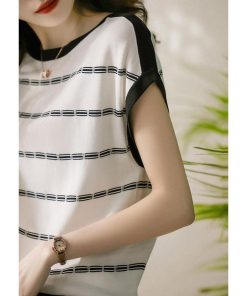 Tシャツ レディース 夏 40代 半袖 ニットトップス ボーダー柄 ショット丈ニットソー 薄手 ゆったり カットソー 50代 30代 おしゃれ 大人