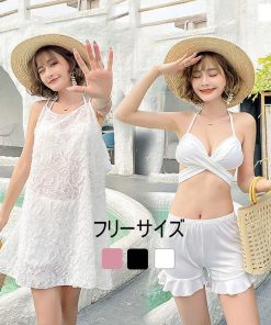 水着 レディース 3点セット 夏 小胸 バンドゥ セパレート 日焼け防止 パッド付き 体型カバー UVカット ママ水着 海水浴 潜水 韓国風 30代 40代 20代 可愛い