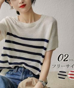 Tシャツ レディース 夏 40代 半袖 ニットトップス ボーダー柄 ニットソー 薄手 ショット丈 ゆったり カットソー 大人 50代 おしゃれ 30代