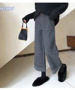 ワイドパンツ レディース 冬 ボトムス パンツ ガウチョパンツ フレアパンツ 九分丈 千鳥格子 厚手 ハイウエスト 黒 おしゃれ ゆったり 着痩せ