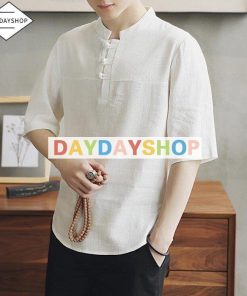 甚平 ヘンリーネック メンズ Tシャツ シャツ 部屋着 V襟 綿麻風 五分袖 半袖 トップス 涼しい 夏服 薄手 夏