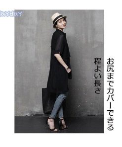 シャツブラウス 夏 ロング丈 チュニック 半袖 ブラウス ロングシャツ シフォン 無地 体型カバー ゆったり 前後差 シースルー シンプル オシャレ 通勤 カジュアル