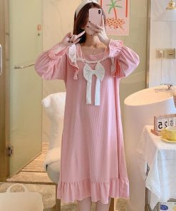 リボン付き 女性 韓国風 春秋 長袖 部屋着 レディース ルームウェア ワンピースパジャマ パジャマ 綿 ゆったり 寝間着 大きいサイズ