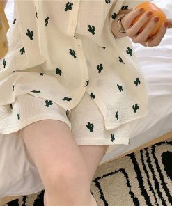 オシャレルームウェアセットアップ 韓国風 ロング丈ネグリジェ ネグリジェ 半袖ワンピース 可愛いパジャマ レディース サボテン柄 ナイトロープ 春夏 部屋着
