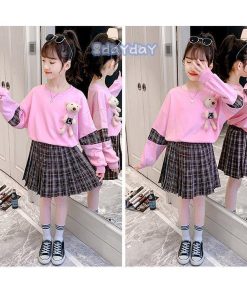 子供服 セットアップ 女の子 長袖 春秋 秋着 上下セット 韓国子供服 キッズ ジュニア トップス 丸首 スカート 膝上丈  通学着 可愛い おしゃれ 新品