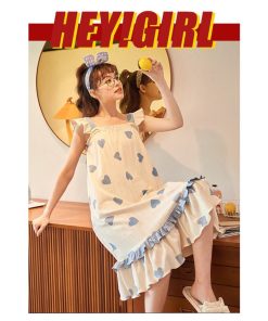 パジャマ レディース ルームウェア 春夏 ハート柄 ワンピースタイプ フリル 綿 女性 可愛い ロング 韓国風 ランジェリー 部屋着 寝巻き ゆったり