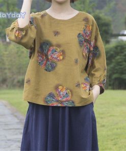 ブラウス 花柄シャツ トップス シャツブラウス 7分丈袖 レディース 花柄 柄 Uネック 綿麻 綿 コットン 前後差 柔らか 通気性 40代 シンプル ゆったり 快適 秋