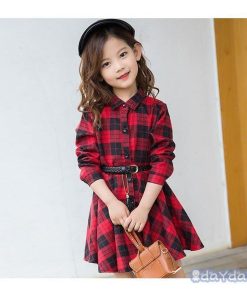 子供服 ワンピース キッズ 女の子 秋着 長袖 シャツワンピース 膝丈 子供ドレス Dress 韓国子供服 チェック柄 ベルト付き 新品 おしゃれ 可愛い カジュアル