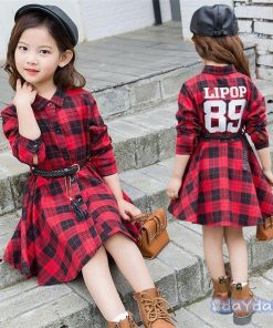 子供服 ワンピース キッズ 女の子 秋着 長袖 シャツワンピース 膝丈 子供ドレス Dress 韓国子供服 チェック柄 ベルト付き 新品 おしゃれ 可愛い カジュアル