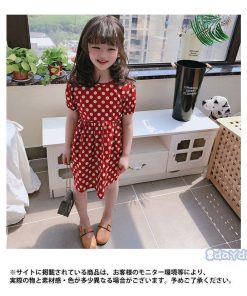 ワンピース キッズ 可愛い おしゃれ 背中開き ドット柄 パフスリーブ 半袖 ミモレ丈 すっきり 女の子 ゆったり 子供 夏新作 カジュアル