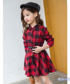 子供服 ワンピース キッズ 女の子 秋着 長袖 シャツワンピース 膝丈 子供ドレス Dress 韓国子供服 チェック柄 ベルト付き 新品 おしゃれ 可愛い カジュアル