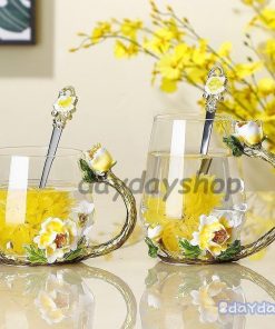 ティーカップセット ティーカップ 蓋 スプーン 蓋つき 花柄 装飾 グラス 透明 クリア ガラス イエロー レッド プレゼント お祝い