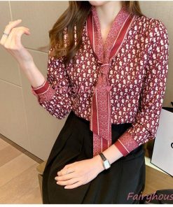 ブラウス レディース 長袖ブラウス 秋服 オフィスブラウス リボンネック オシャレブラウス プリントトップス 韓国風 大人 上品 50代 ゆったりシャツ 40代 通勤OL