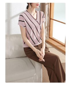 Tシャツ レディース 夏 Vネック 40代 半袖 ニットトップス 無地 ショット丈ニットソー ゆったり カットソー 大人 おしゃれ 30代 50代