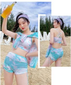 水着 レディース 3点セット 夏 小胸 バンドゥ パレオ 日焼け防止 パッド付き 体型カバー UVカット ママ水着 海水浴 潜水 韓国風 30代 可愛い 20代 40代