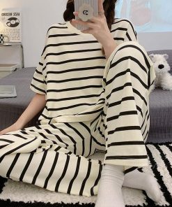 パジャマ ルームウェア レディース 夏 綿 半袖 ボーダー柄 大きいサイズ ショットパンツ ロングパンツ 上下セット 可愛い 女性 韓国風 寝間着 部屋着