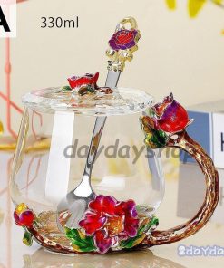 ティーカップセット ティーカップ 蓋 スプーン 蓋つき 花柄 装飾 グラス 透明 クリア ガラス イエロー レッド プレゼント お祝い