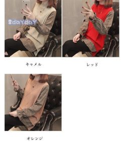 トップス フェイクレイヤード ニット ブラウス ジレベスト 秋 ニットベスト チェック柄シャツ レディース 長袖シャツ グレンチェック 春 偽二枚