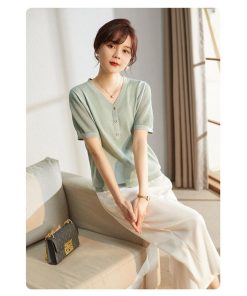 Tシャツ レディース 夏 Vネック 40代 半袖 ニットトップス 無地 ショット丈ニットソー ゆったり カットソー 30代 50代 大人 おしゃれ