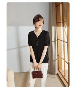 Tシャツ レディース 夏 Vネック 40代 半袖 ニットトップス 無地 ショット丈ニットソー ゆったり カットソー 30代 50代 大人 おしゃれ