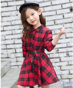 子供服 ワンピース キッズ 女の子 秋着 長袖 シャツワンピース 膝丈 子供ドレス Dress 韓国子供服 チェック柄 ベルト付き 新品 おしゃれ 可愛い カジュアル