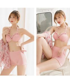 ビキニ 水着 レディース 夏 ビキニ 3点セット 韓国風 半袖ガウン 日焼け対策 ラッシュガード 総柄 バンドゥビキニ スイムウェア ママ水着 温泉 セクシー