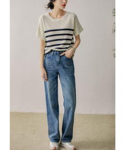 Tシャツ レディース 夏 40代 半袖 ニットトップス ボーダー柄 ニットソー 薄手 ショット丈 ゆったり カットソー 大人 50代 おしゃれ 30代