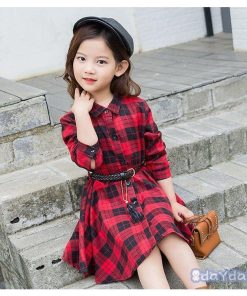 子供服 ワンピース キッズ 女の子 秋着 長袖 シャツワンピース 膝丈 子供ドレス Dress 韓国子供服 チェック柄 ベルト付き 新品 おしゃれ 可愛い カジュアル