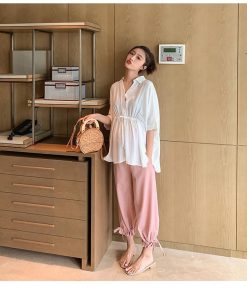 セットアップ マタニティ服 レディース ワイトパンツ 綿 麻 春夏 ママ 大きいサイズ 2点セット 大きいサイズ リボン マタニティーパンツ 妊婦服 40代 30代