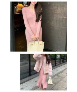 ワンピース 冬服 秋服 レディース 40代 ニットワンピース Vネック 韓国風 おしゃれ 大人 セーターワンピース 無地 厚手 きれいめ 30代 マーメイド 20代 タイト