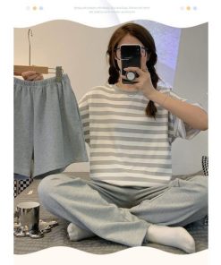 パジャマ ルームウェア レディース 夏 綿 半袖 ボーダー柄 大きいサイズ ショットパンツ ロングパンツ 上下セット 可愛い 韓国風 部屋着 女性 寝間着
