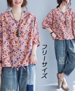 Tシャツ レディース トップス 40代 半袖 Vネック 綿 春夏 新作 大きいサイズ 花柄 UVカット 韓国風 20代 かわいい 30代 40代 おしゃれ