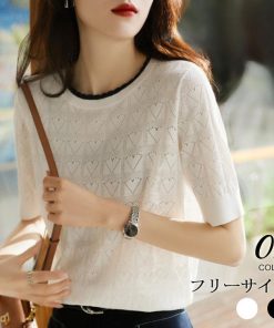 Tシャツ レディース 夏新作 40代 クルーネック 半袖トップス 半袖Tシャツ ニット ショット丈Tシャツ ゆったり 薄手 大人 50代 おしゃれ 30代