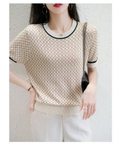 Tシャツ レディース 春夏 新作 40代 半袖 ニットトップス チェック柄 Tシャツ レション ショット丈 ニットソー ゆったり カットソー 50代 30代 大人 おしゃれ