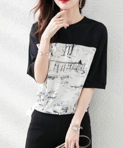 Tシャツ レディース 夏 半袖 綿 クルーネック カットソー トップス 総柄 切り替え 透けない おしゃれ コーデ UVカット きれいめ コットン 20代 30代 40代