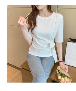 Tシャツ レディース トップス 40代 半袖 綿 春夏 カットソー 新作 大きいサイズ リボン付き UVカット 韓国風 20代 30代 おしゃれ 40代 かわいい