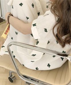 オシャレルームウェアセットアップ 韓国風 ロング丈ネグリジェ ネグリジェ 半袖ワンピース 可愛いパジャマ レディース サボテン柄 ナイトロープ 春夏 部屋着