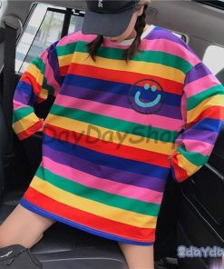 新作 春夏秋 シンプルファッション 学生服 韓国系トップス 虹縞模様長袖Tシャツ 原宿風 ヒップホップ ダンス おしゃれ ストリート K-POP ゆったり