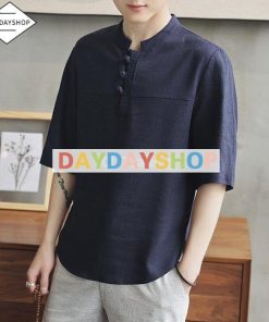 甚平 ヘンリーネック メンズ Tシャツ シャツ 部屋着 V襟 綿麻風 五分袖 半袖 トップス 涼しい 夏服 薄手 夏