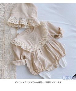 ロンパース ベビー キッズ つなぎ服 女の子 春 夏 長袖 コットン レース 無地 コンビネーション おしゃれ 可愛い 子供服 カジュアル オールインワン