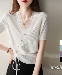 Tシャツ レディース 夏 40代 半袖トップス 無地フレア リボン VネックTシャツ レションニット ショット丈Tシャツ ゆったり おしゃれ 韓国風 Tブ 大人