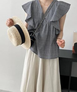 ブラウス レディース 夏 シフォン チェック柄 Vネック シャツ フレア トップス 通勤 OL ゆったり おしゃれ 30代 40代 50代 キレイ 可愛い 新作 大人 上品 韓国風