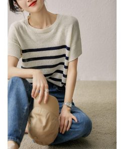 Tシャツ レディース 夏 40代 半袖 ニットトップス ボーダー柄 ニットソー 薄手 ショット丈 ゆったり カットソー 大人 50代 おしゃれ 30代