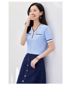 Tシャツ レディース 夏 Vネック 40代 半袖 ニットトップス 無地 ショット丈ニットソー ゆったり カットソー 30代 50代 大人 おしゃれ